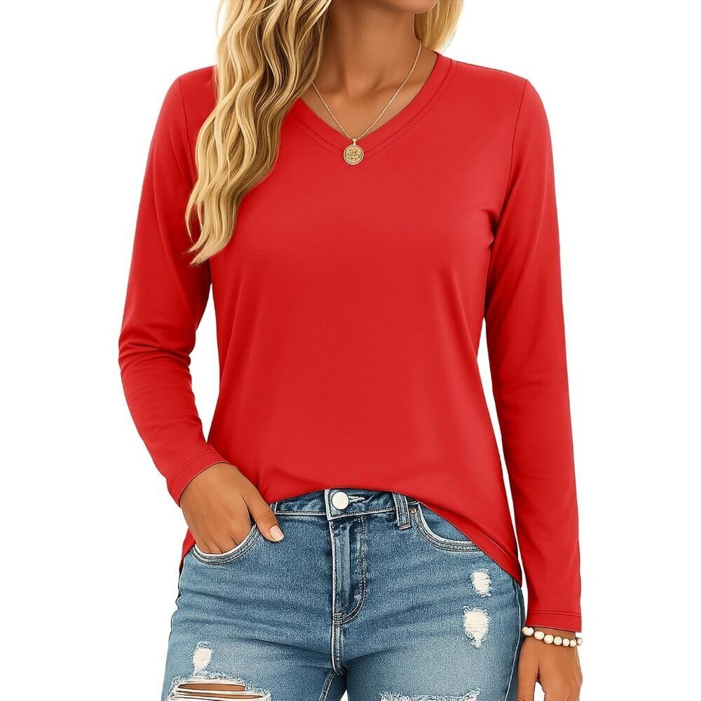 Women's Cotton V-Neck Long Sleeve Shirt Basic Casual Top Medium